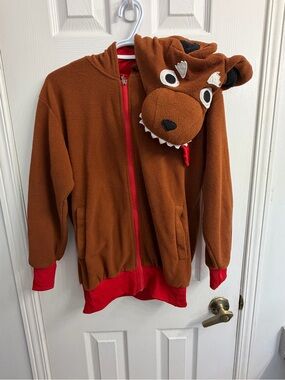 Children's Wolf Hooded Fleece Jacket Brown Red Trim Cozy Cute Animal Zip-Up Size